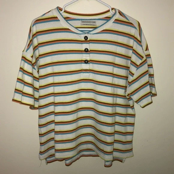 Urban Outfitters Textured Striped Quarter Button Short Sleeve Top - Picture 1 of 4